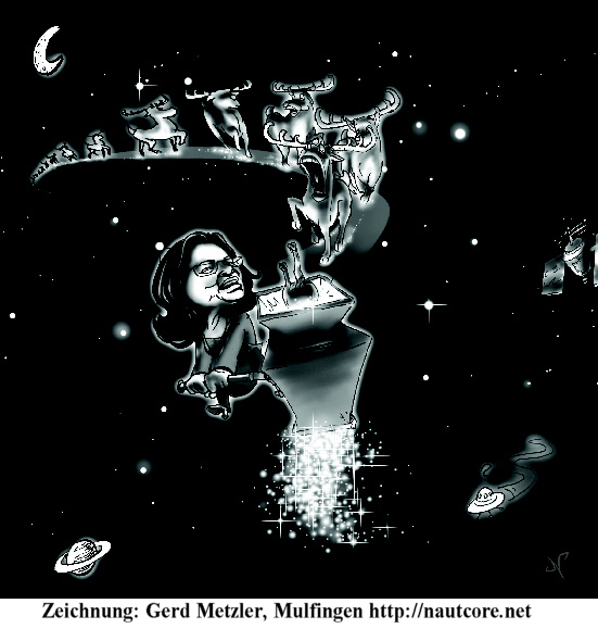 Zeichnung: Frau Mahles mahlt Rentiere zu Sternenstaub